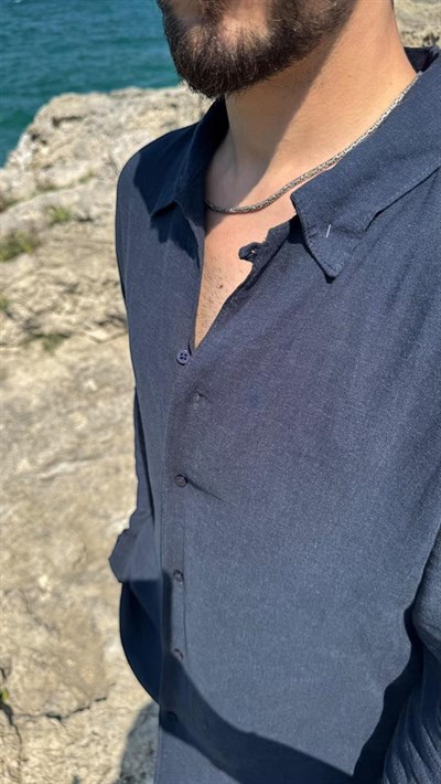 %100 Gerçek Keten Oversize Gömlek Lacivert