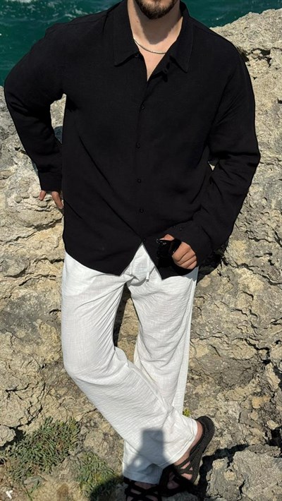 %100 Gerçek Keten Oversize Gömlek Siyah