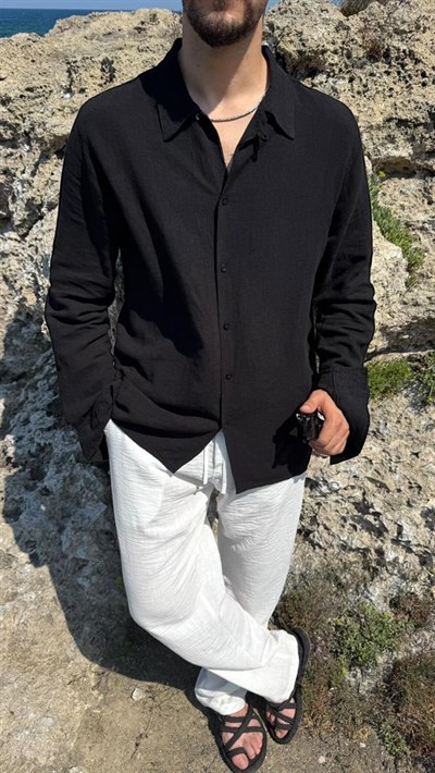 %100 Gerçek Keten Oversize Gömlek Siyah