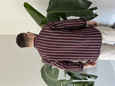 Apaş Yaka Çizgili Oversize Gömlek Bordo