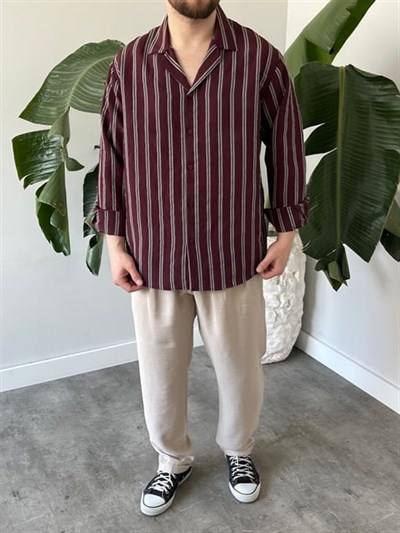 Apaş Yaka Çizgili Oversize Gömlek Bordo