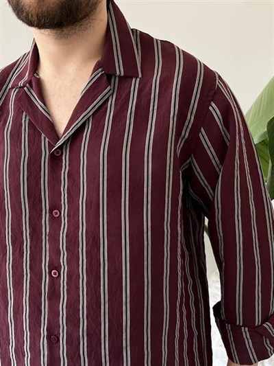 Apaş Yaka Çizgili Oversize Gömlek Bordo