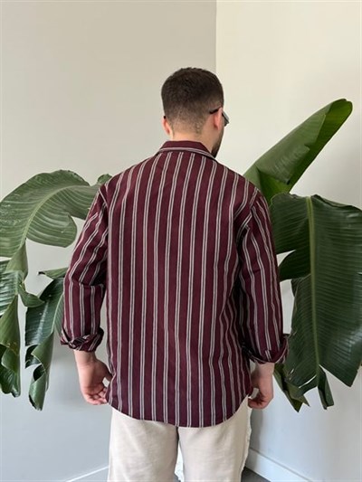Apaş Yaka Çizgili Oversize Gömlek Bordo