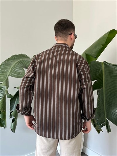 Apaş Yaka Çizgili Oversize Gömlek Kahverengi
