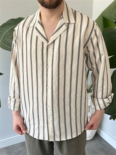 Apaş Yaka Çizgili Oversize Gömlek Krem