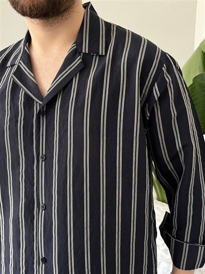 Apaş Yaka Çizgili Oversize Gömlek Lacivert