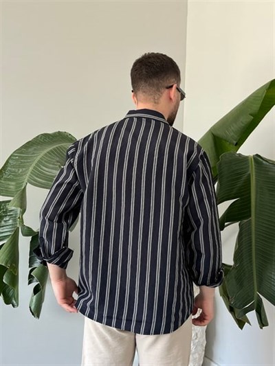 Apaş Yaka Çizgili Oversize Gömlek Lacivert