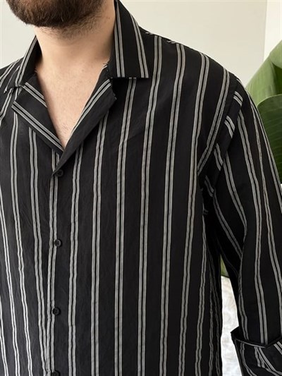 Apaş Yaka Çizgili Oversize Gömlek Siyah