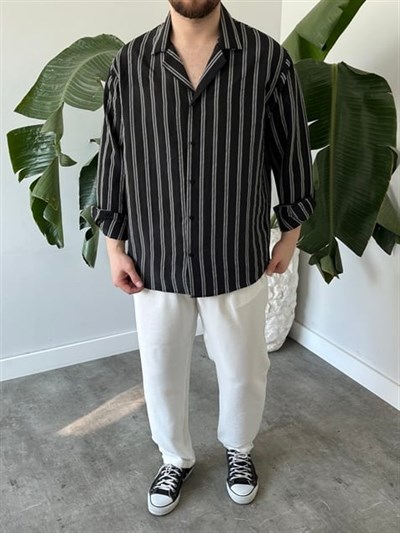 Apaş Yaka Çizgili Oversize Gömlek Siyah