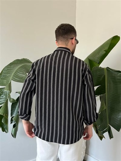 Apaş Yaka Çizgili Oversize Gömlek Siyah