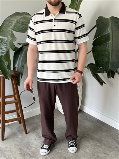 Basic Beyaz Çizgili Polo Tişört