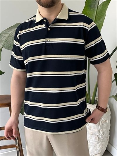 Basic Lacivert  Çizgili Polo Tişört