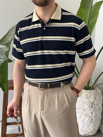 Basic Lacivert  Çizgili Polo Tişört