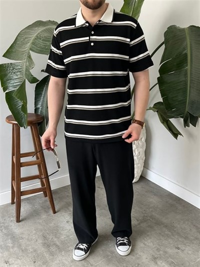 Basic Siyah Çizgili Polo Tişört