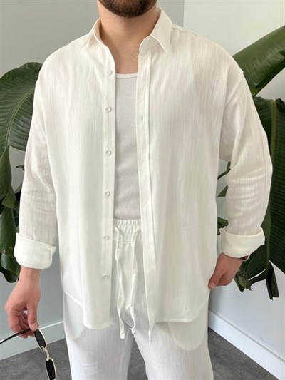Beyaz Serra Keten Oversize Takım