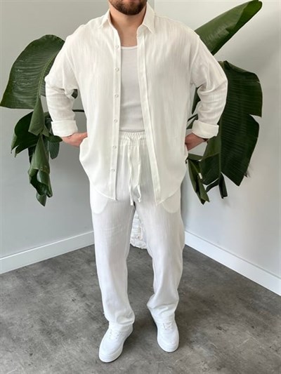 Beyaz Serra Keten Oversize Takım