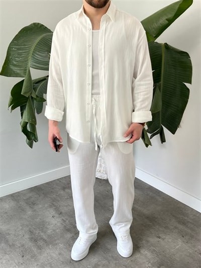 Beyaz Serra Keten Oversize Takım