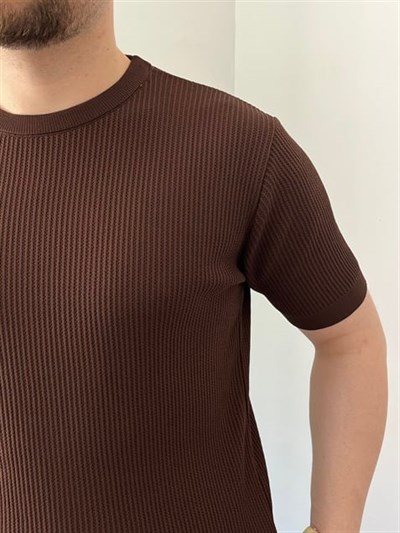 Bisiklet Yaka Örgü .Desen Triko Tshirt Acı Kahve
