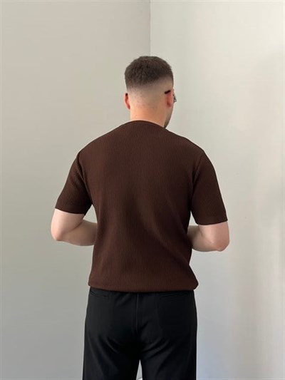 Bisiklet Yaka Örgü .Desen Triko Tshirt Acı Kahve