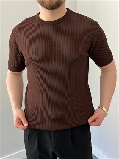 Bisiklet Yaka Örgü .Desen Triko Tshirt Acı Kahve
