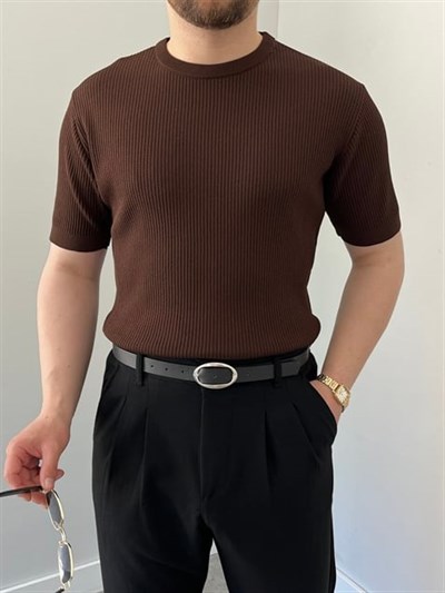 Bisiklet Yaka Örgü .Desen Triko Tshirt Acı Kahve