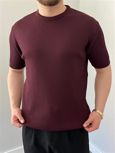 Bisiklet Yaka Örgü .Desen Triko Tshirt Bordo