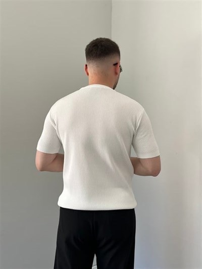 Bisiklet Yaka Örgü .Desen Triko Tshirt Beyaz