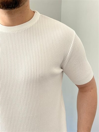 Bisiklet Yaka Örgü .Desen Triko Tshirt Beyaz