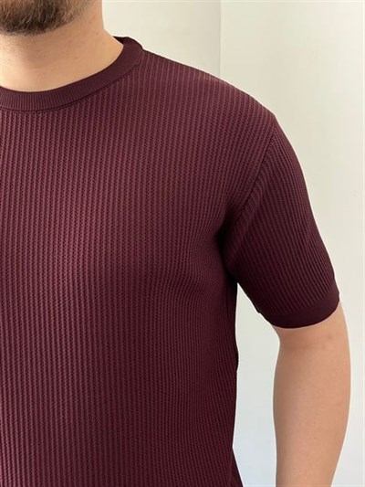 Bisiklet Yaka Örgü .Desen Triko Tshirt Bordo