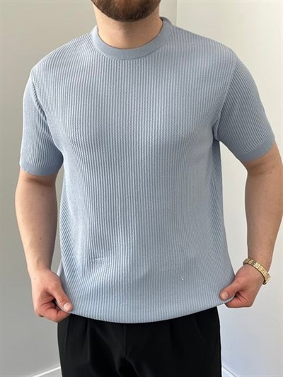 Bisiklet Yaka Örgü .Desen Triko Tshirt Bebe Mavi
