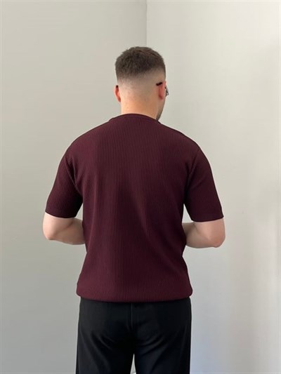 Bisiklet Yaka Örgü .Desen Triko Tshirt Bordo