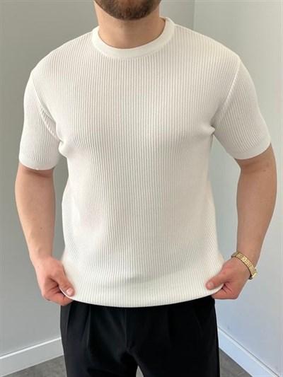 Bisiklet Yaka Örgü .Desen Triko Tshirt Beyaz