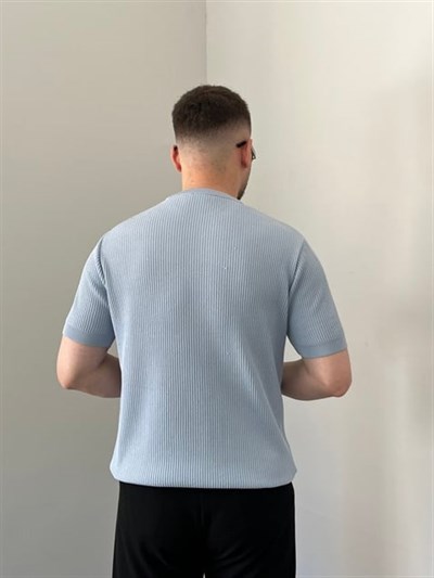 Bisiklet Yaka Örgü .Desen Triko Tshirt Bebe Mavi