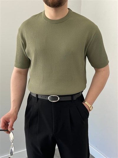 Bisiklet Yaka Örgü .Desen Triko Tshirt Haki Yeşil