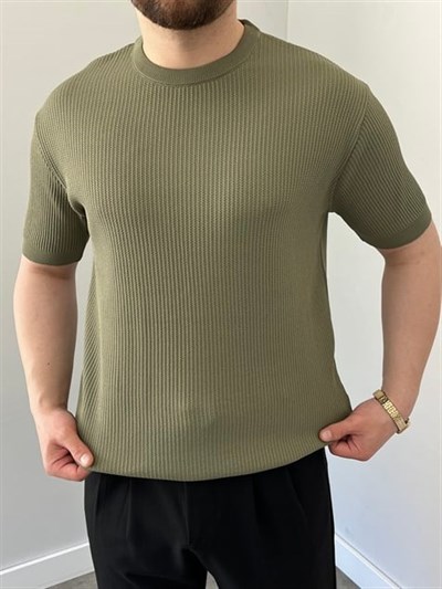 Bisiklet Yaka Örgü .Desen Triko Tshirt Haki Yeşil