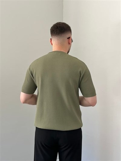 Bisiklet Yaka Örgü .Desen Triko Tshirt Haki Yeşil