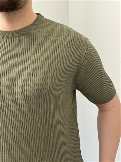Bisiklet Yaka Örgü .Desen Triko Tshirt Haki Yeşil