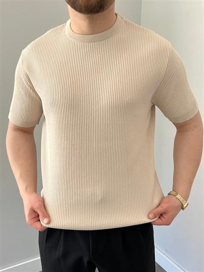 Bisiklet Yaka Örgü .Desen Triko Tshirt Krem