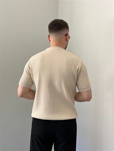 Bisiklet Yaka Örgü .Desen Triko Tshirt Krem
