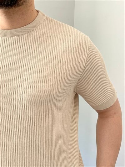 Bisiklet Yaka Örgü .Desen Triko Tshirt Krem