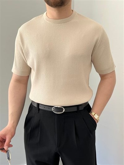 Bisiklet Yaka Örgü .Desen Triko Tshirt Krem
