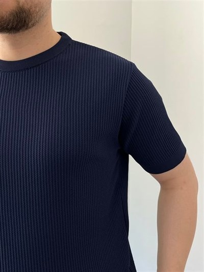 Bisiklet Yaka Örgü .Desen Triko Tshirt Lacivert