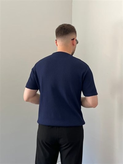 Bisiklet Yaka Örgü .Desen Triko Tshirt Lacivert