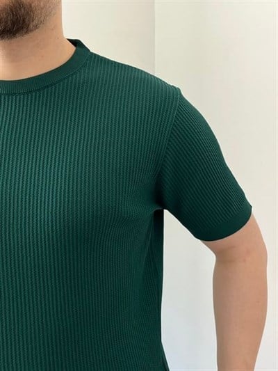 Bisiklet Yaka Örgü .Desen Triko Tshirt Zümrüt Yeşili