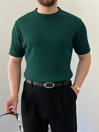 Bisiklet Yaka Örgü .Desen Triko Tshirt Zümrüt Yeşili
