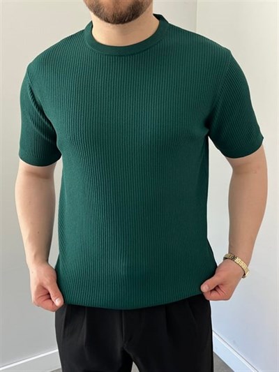 Bisiklet Yaka Örgü .Desen Triko Tshirt Zümrüt Yeşili