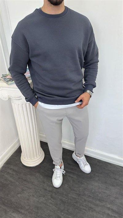 Bisiklet Yaka Üç İplik Şardonlu Sweatshirt Füme