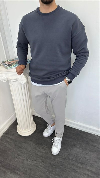Bisiklet Yaka Üç İplik Şardonlu Sweatshirt Füme