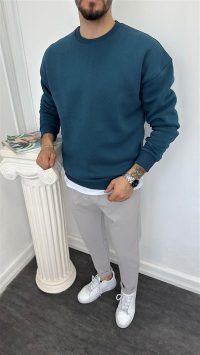 Bisiklet Yaka Üç İplik Şardonlu Sweatshirt Mavi