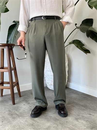 Çift Pileli Bagy Mint Yeşili  Kumaş Pantolon